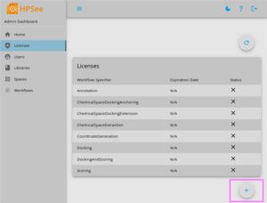 Licenses Page in HPSee's Admin Dashboard. Button to upload new license is marked.